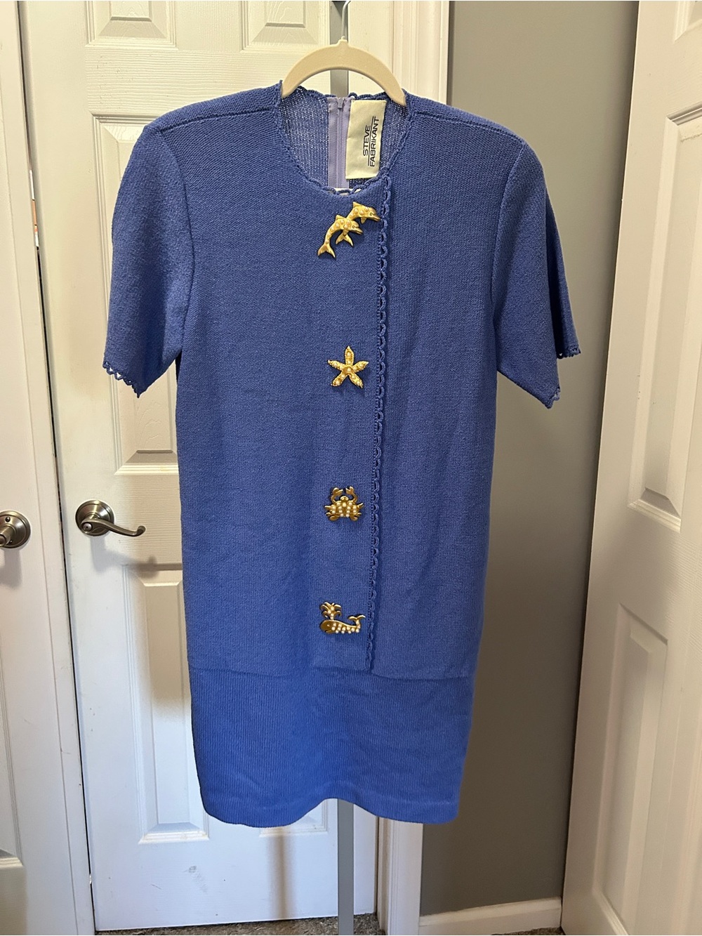 Steve Fabrikant Vintage Knit Dress Blue Nautical Ornament Brooch Gold Pearl
